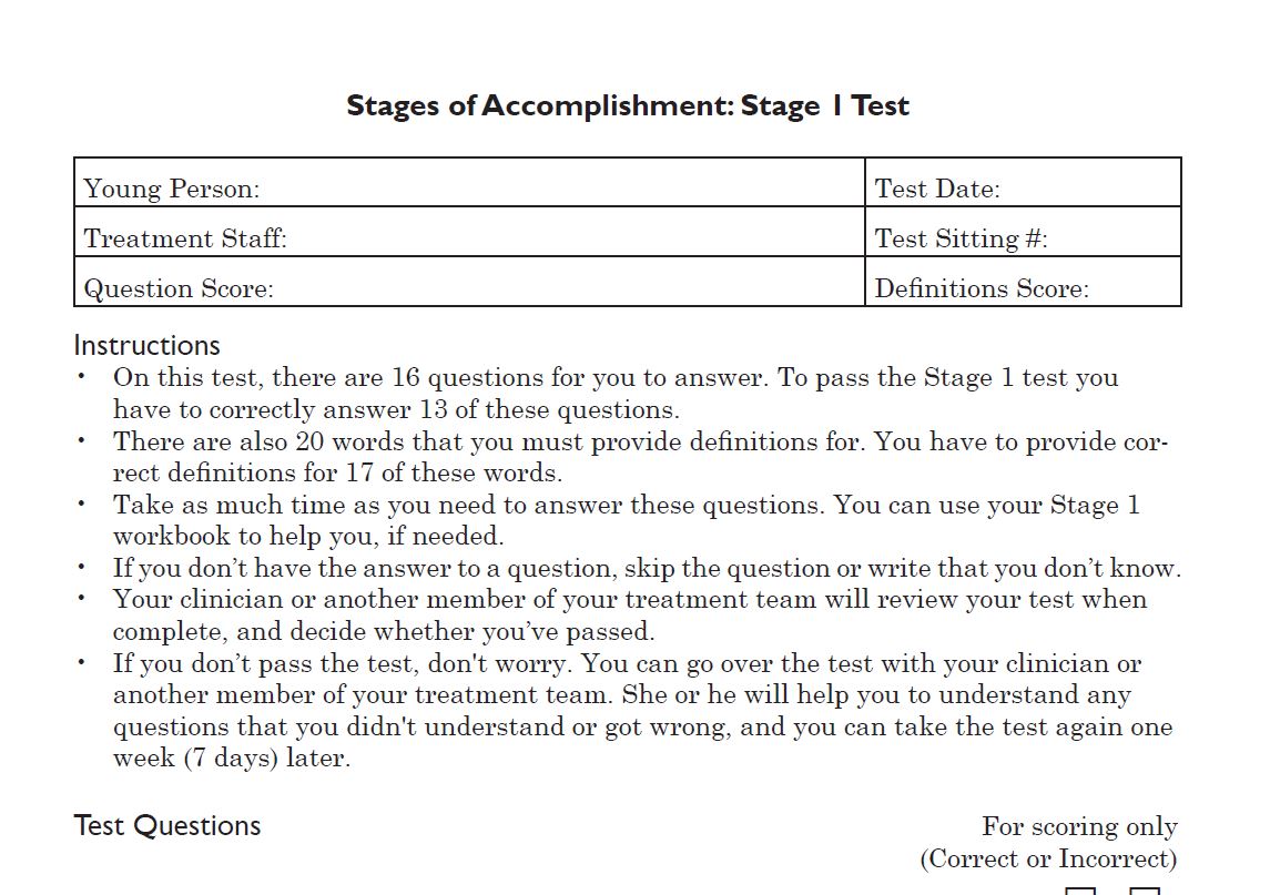 Stages of Accomplishment Tests and Scoring Sheets 